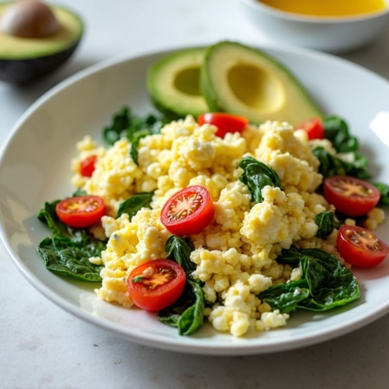 Egg White and Cottage Cheese Scramble with Spinach and Cherry Tomatoes