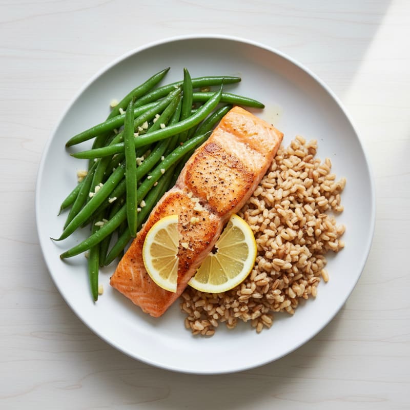 Seared Salmon Fillet with Garlic Green Beans and Brown Rice