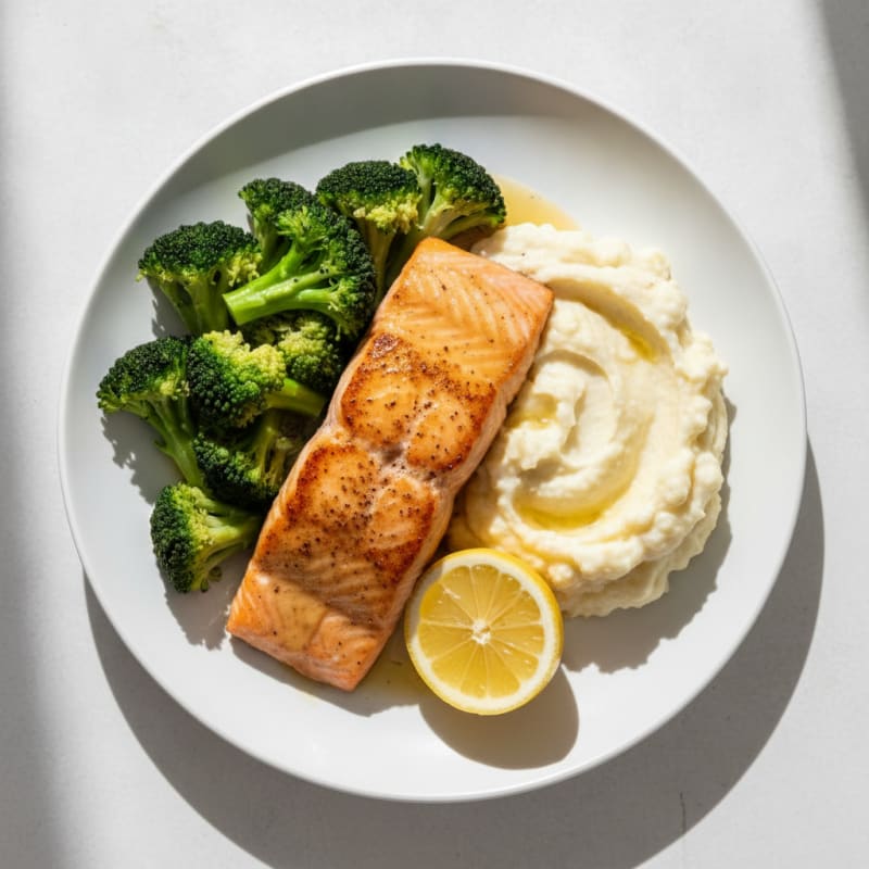 Seared Salmon with Steamed Broccoli and Garlic Cauliflower Mash