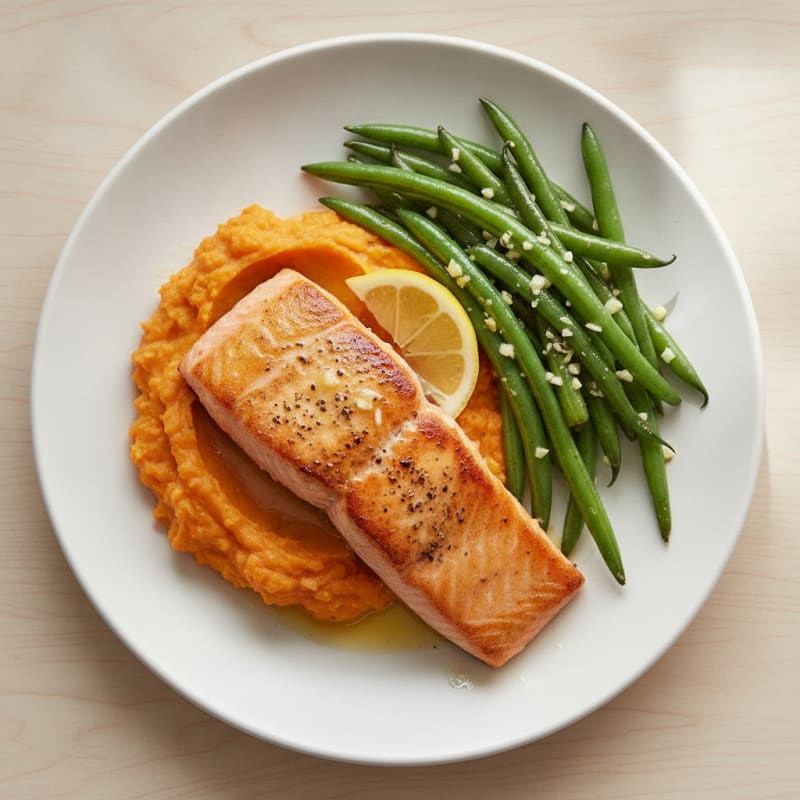 Seared Salmon with Garlic Green Beans and Sweet Potato Mash