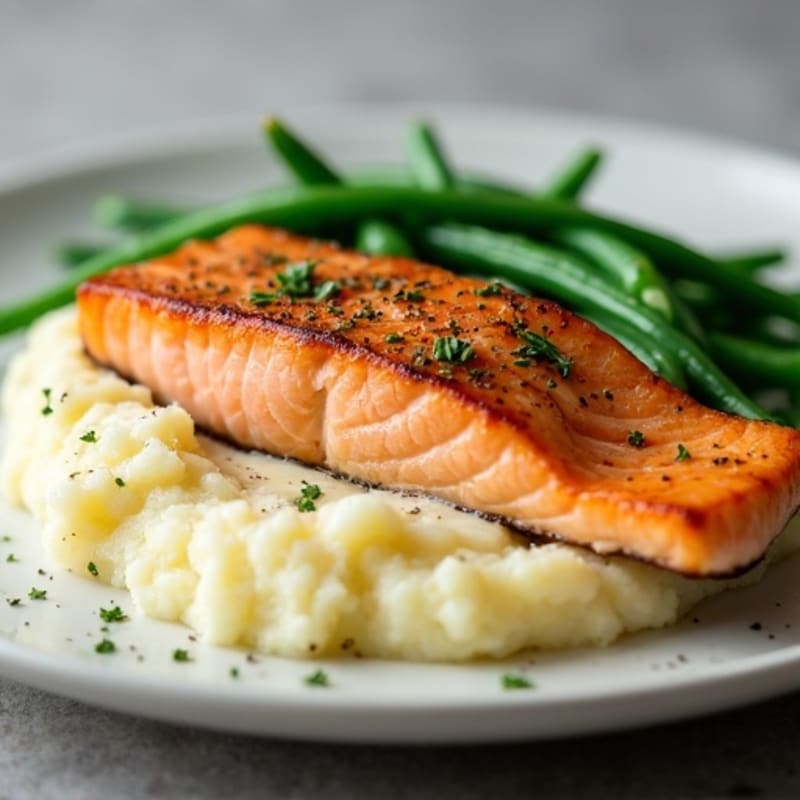Seared Salmon Fillet with Garlic Mashed Potatoes and Steamed Green Beans