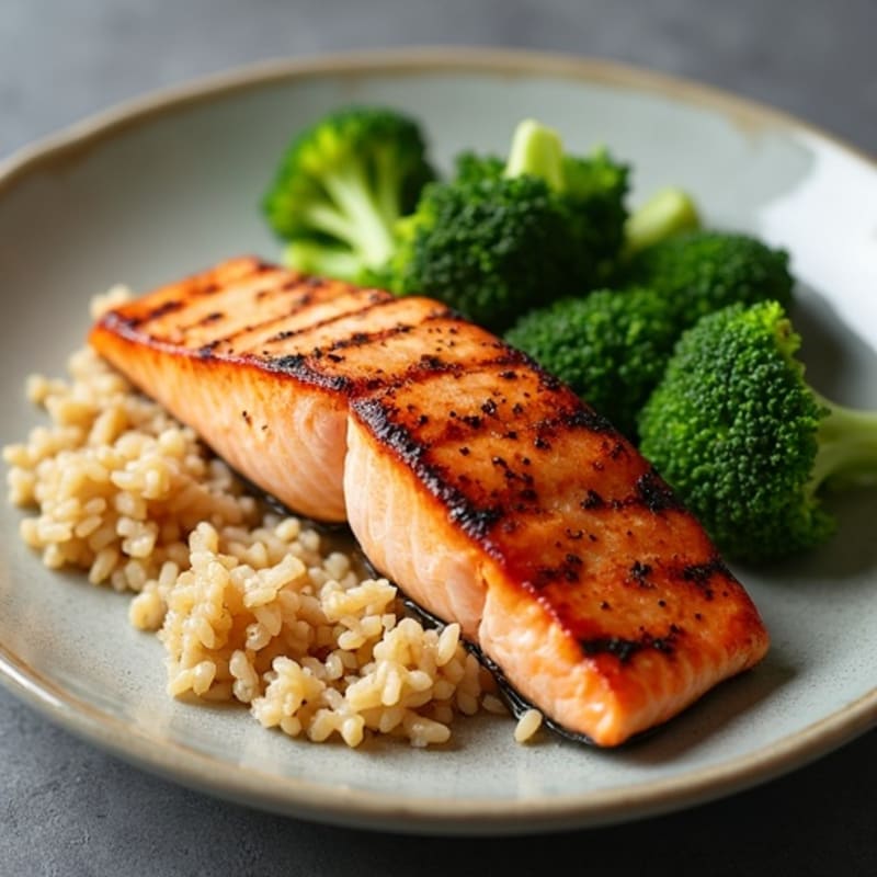Seared Salmon with Steamed Broccoli and Brown Rice