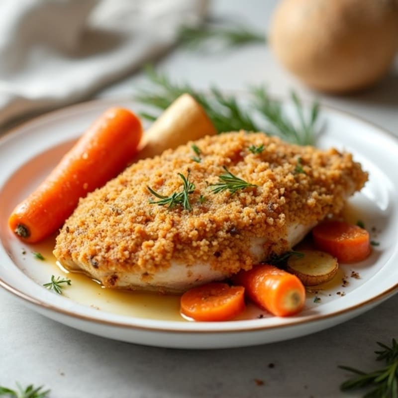 Crispy Buttermilk Baked Chicken with Roasted Root Vegetables