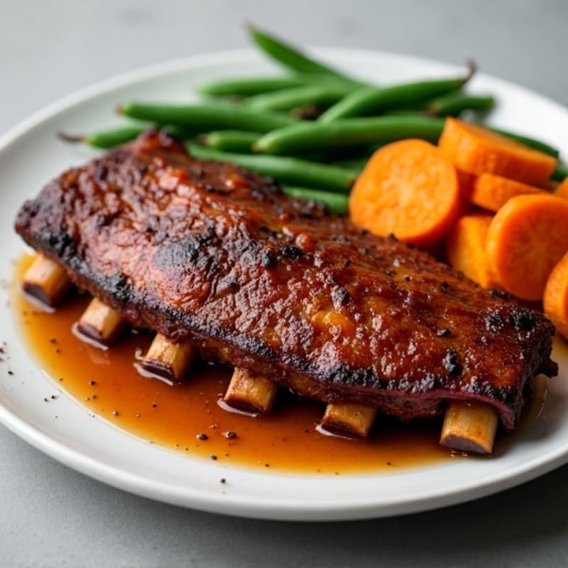 Smoked Pork Ribs with Roasted Sweet Potatoes and Crisp Green Beans