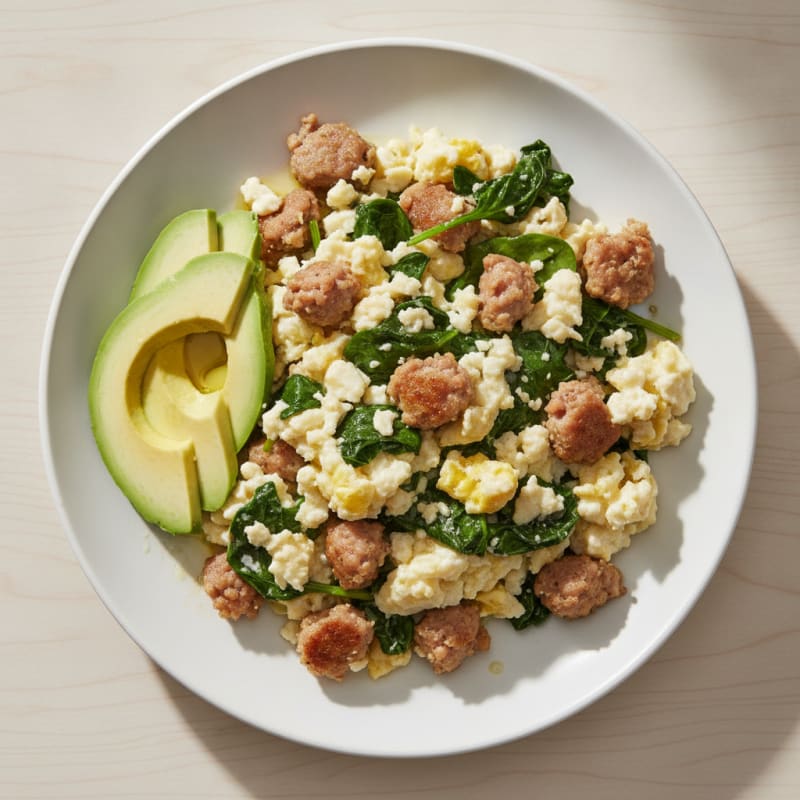 Egg White and Turkey Sausage Scramble with Sautéed Spinach