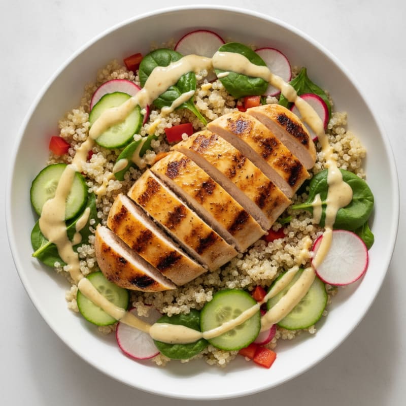 Grilled Chicken and Quinoa Bowl with Crunchy Vegetables and Lemon Tahini Drizzle