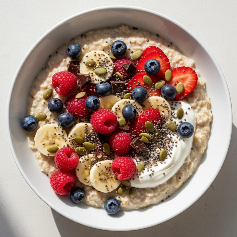 Protein Oatmeal with Greek Yoghurt, Summer Berries, Chia and Pumpkin Seeds