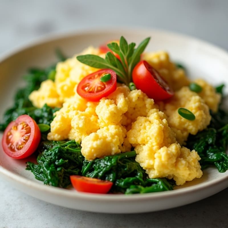 Fluffy Scrambled Eggs with Sautéed Greens and Cherry Tomatoes