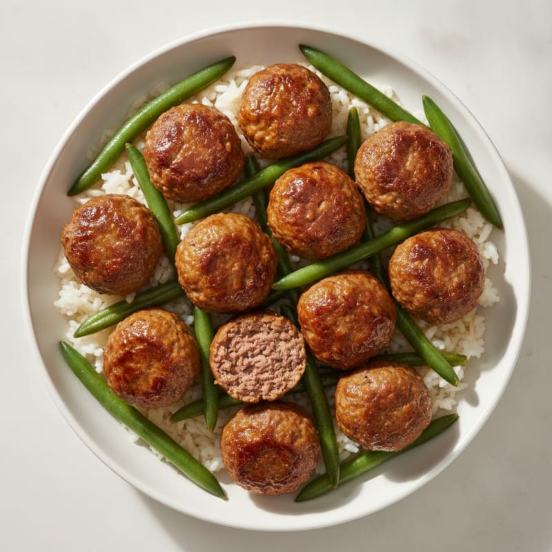 Savory Meatballs with Green Beans and Rice