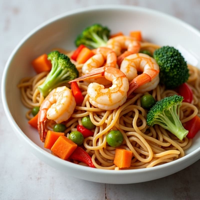 Shrimp Stir-Fry with Tangy Peanut Noodles and Crisp Vegetables
