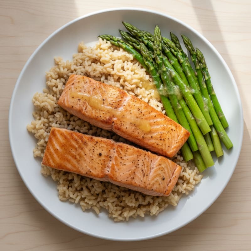 Seared Salmon with Steamed Asparagus and Brown Rice
