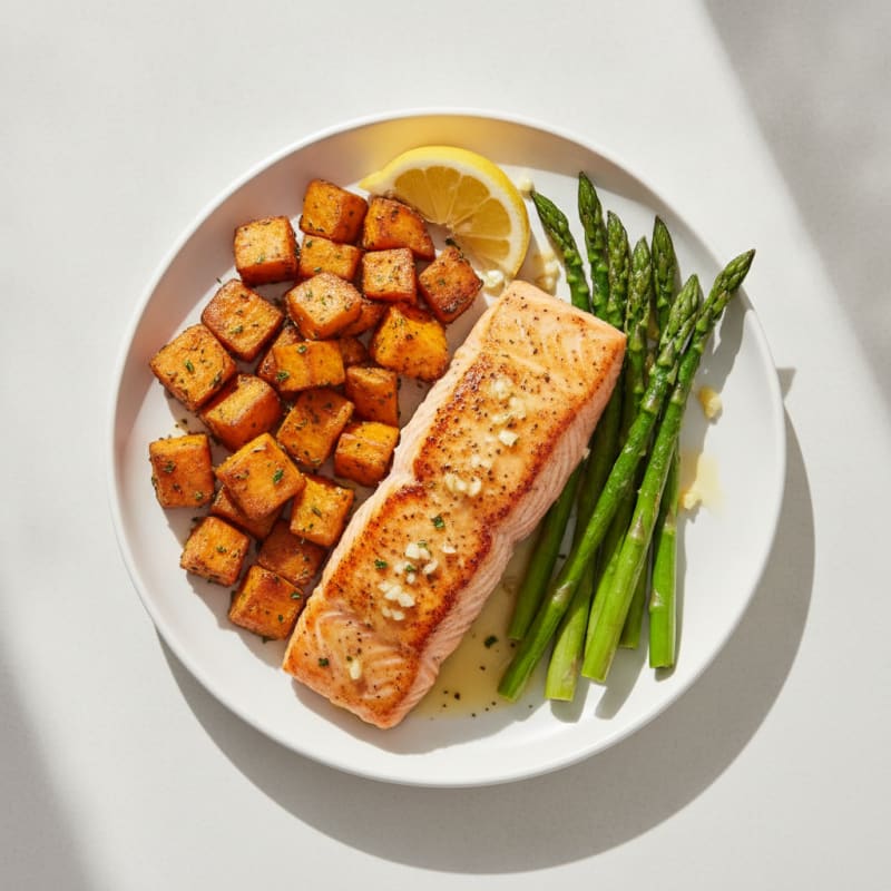 Seared Salmon with Roasted Sweet Potatoes and Asparagus