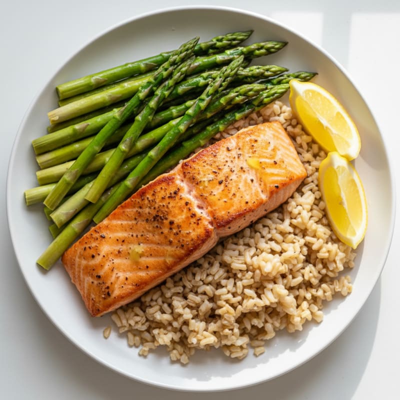 Seared Salmon with Steamed Asparagus and Brown Rice