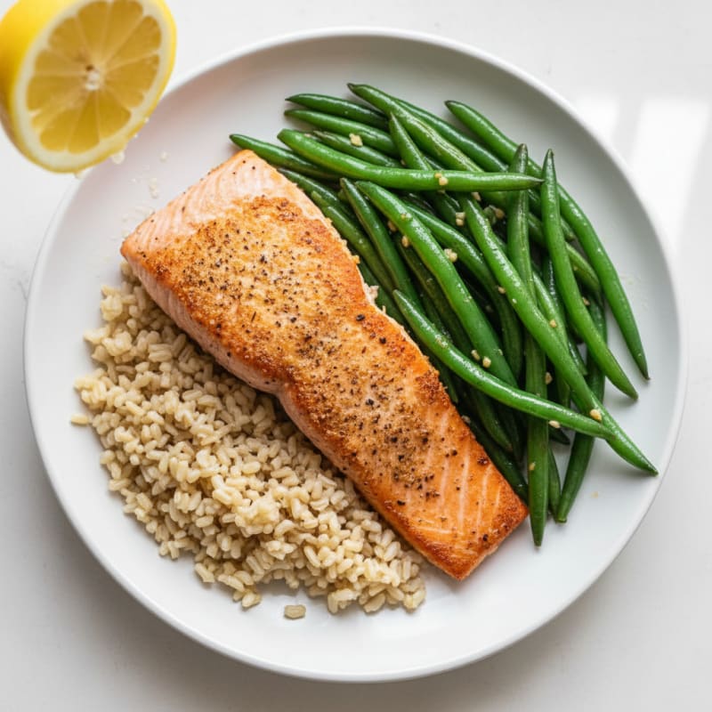 Seared Salmon with Garlic Green Beans and Brown Rice