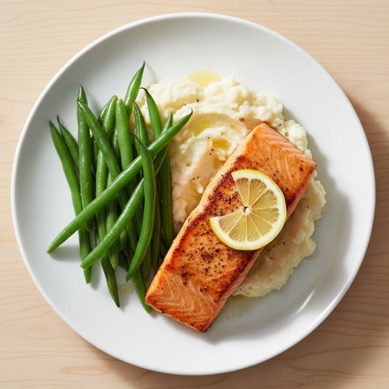 Seared Salmon with Steamed Green Beans and Garlic Mashed Cauliflower