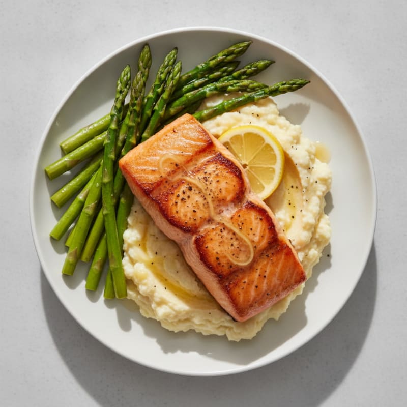 Seared Salmon with Steamed Asparagus and Cauliflower Mash