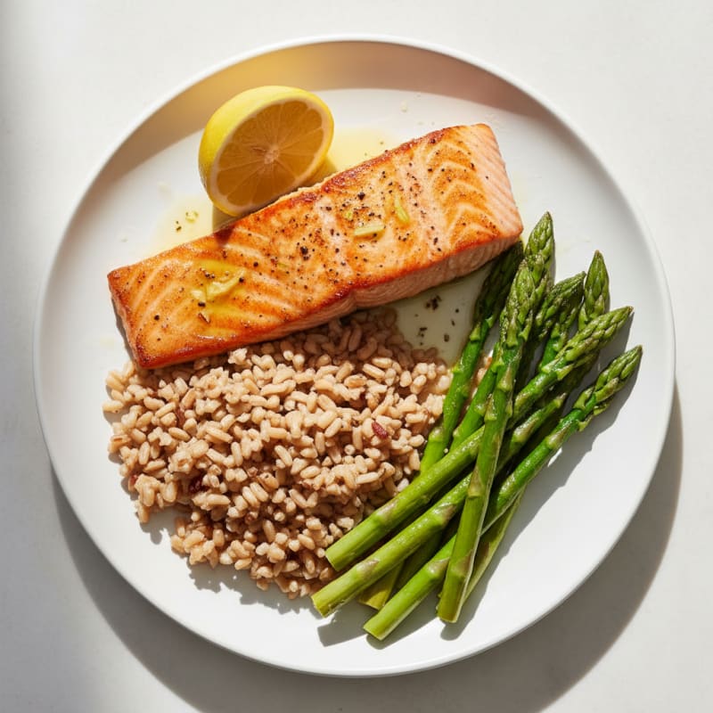 Seared Salmon with Steamed Asparagus and Brown Rice