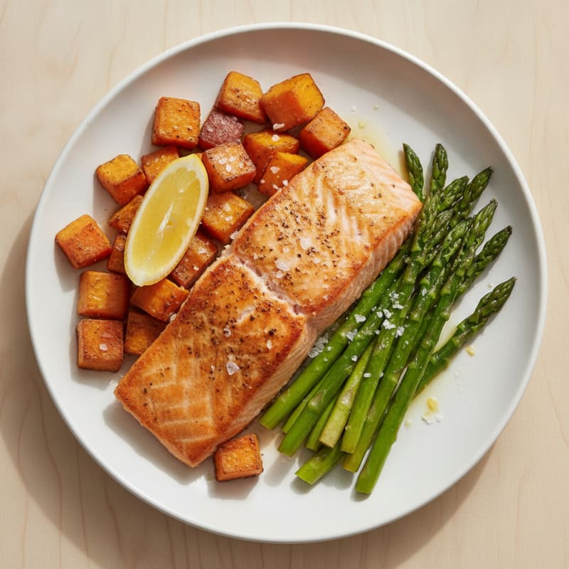 Seared Salmon with Roasted Sweet Potato and Asparagus