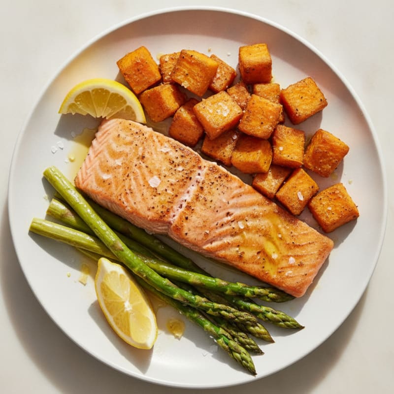 Seared Salmon Fillet with Roasted Sweet Potato and Asparagus