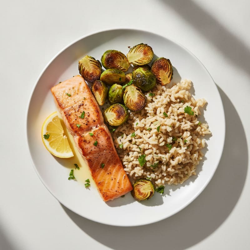 Seared Salmon Fillet with Roasted Brussels Sprouts and Herbed Brown Rice