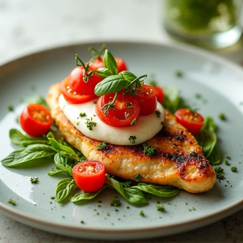 Grilled Chicken with Fresh Tomatoes, Creamy Mozzarella, and Basil Pesto