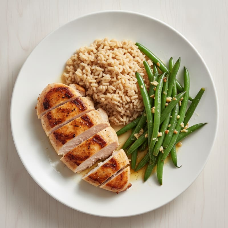 Seared Chicken Breast with Garlic Green Beans and Brown Rice