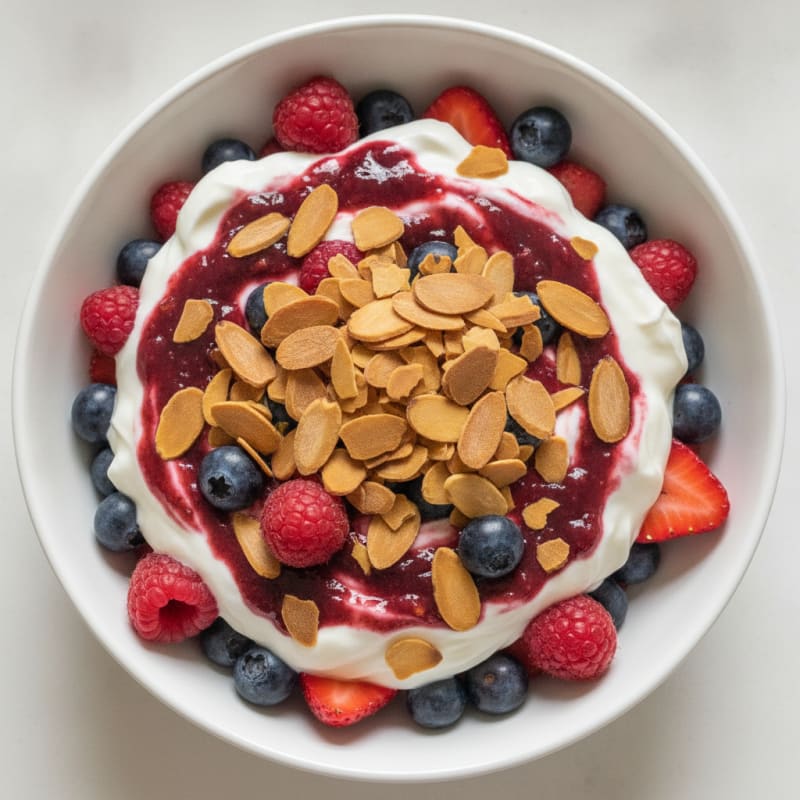 Greek Yogurt Protein Parfait with Mixed Berries and Almonds