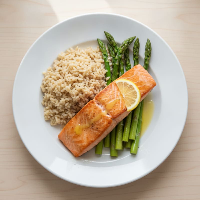 Seared Salmon with Steamed Asparagus and Brown Rice