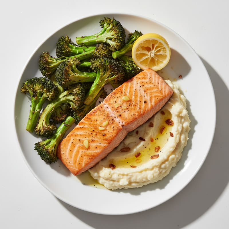 Seared Salmon Fillet with Roasted Broccoli and Garlic Mashed Cauliflower