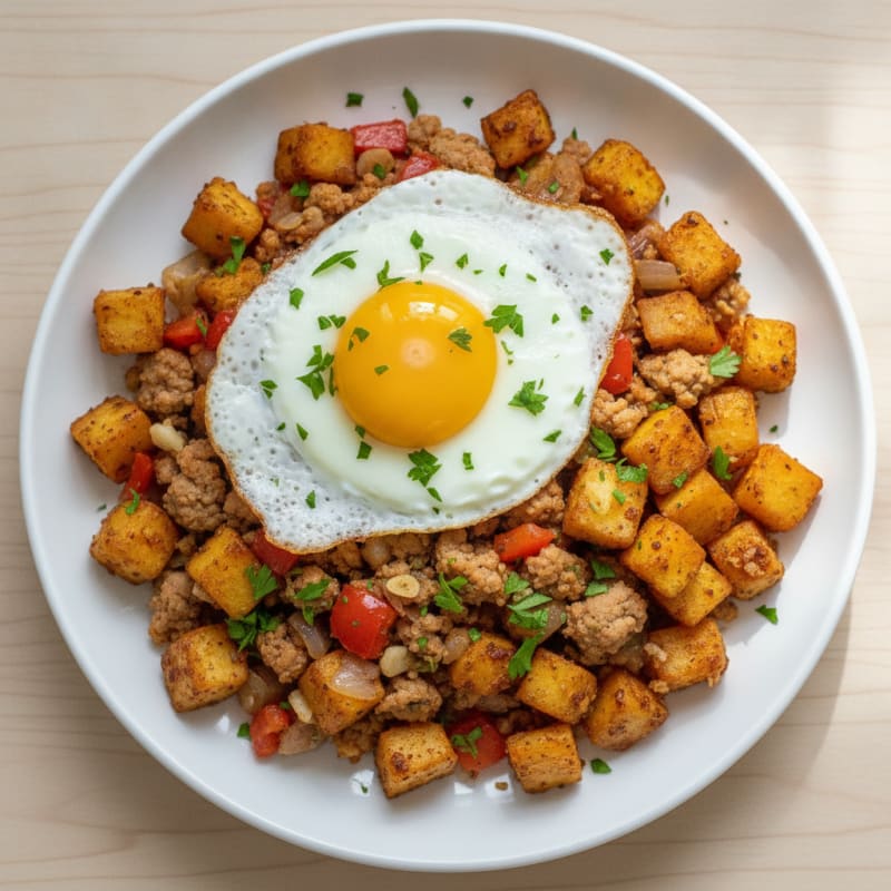 Roasted Boniato, Turkey, and Egg Hash