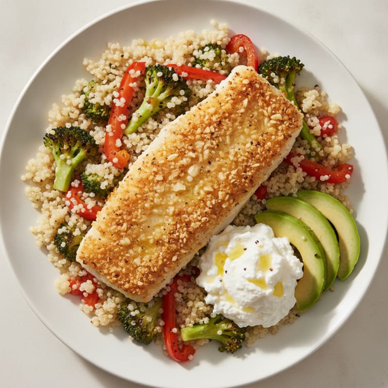 Crispy Fish Fillet with Roasted Vegetables and Quinoa