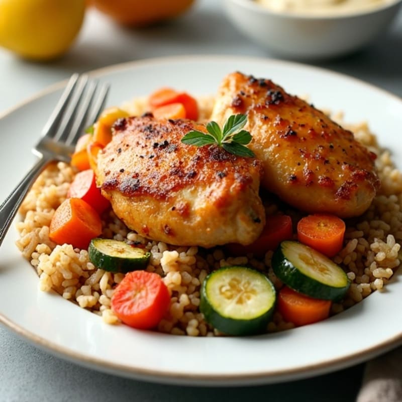 Oven-Baked Crispy Chicken Thighs with Roasted Vegetables and Brown Rice