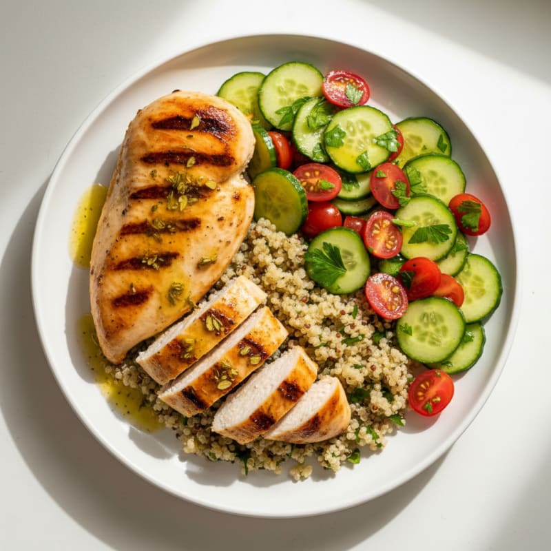 Grilled Chicken Breast with Quinoa and Crunchy Cucumber Tomato Salad