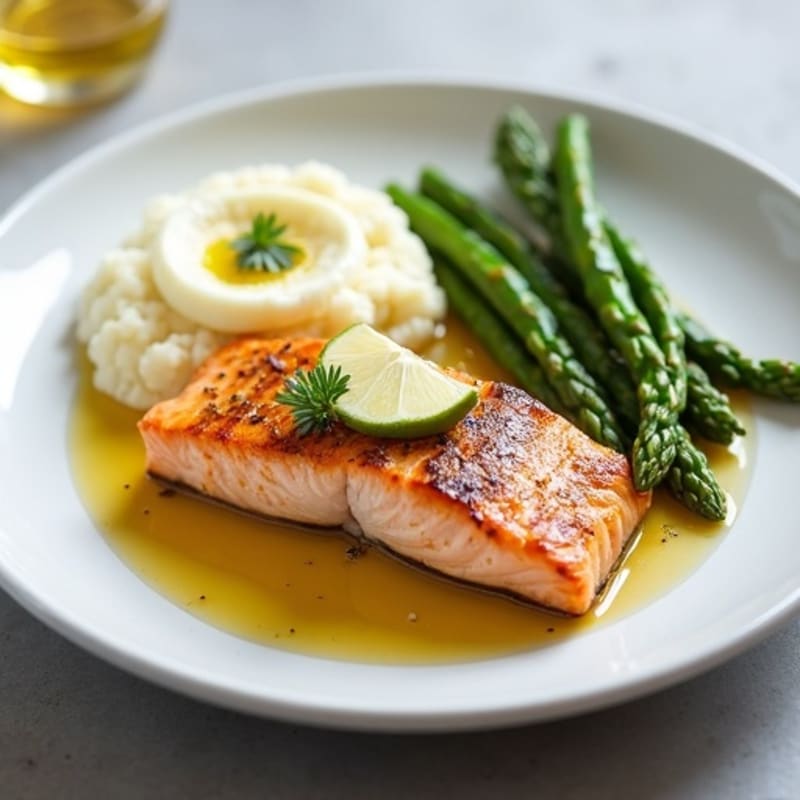Seared Salmon with Steamed Asparagus and Cauliflower Mash