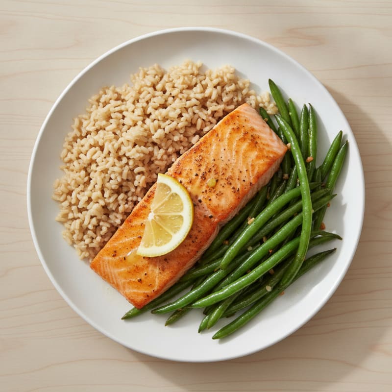 Seared Salmon with Garlic Green Beans and Brown Rice