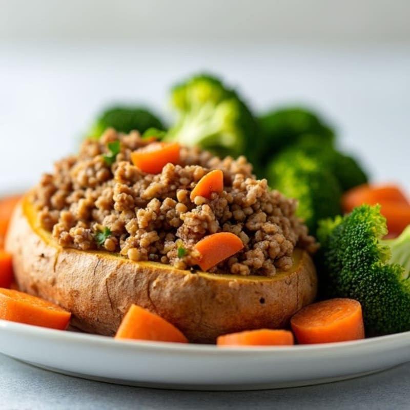Crispy Baked Potato with Lean Ground Turkey and Steamed Veggies