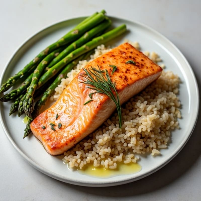 Seared Salmon with Steamed Asparagus and Brown Rice
