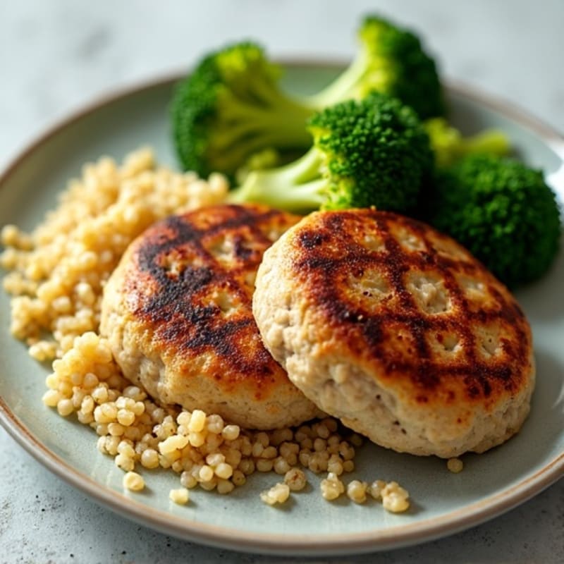 Seared Turkey Patties with Steamed Broccoli and Garlic Quinoa