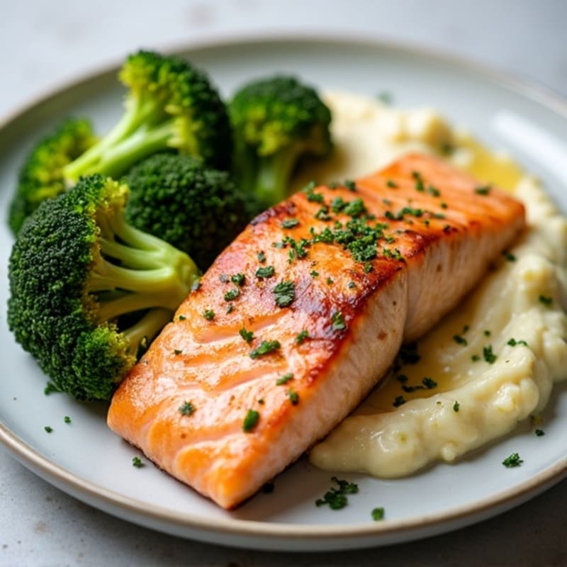 Seared Salmon Fillet with Roasted Broccoli and Garlic Cauliflower Mash