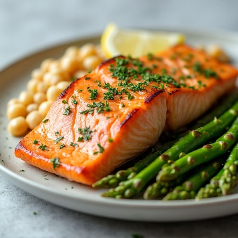 Seared Salmon with Steamed Asparagus and Chickpea Mash