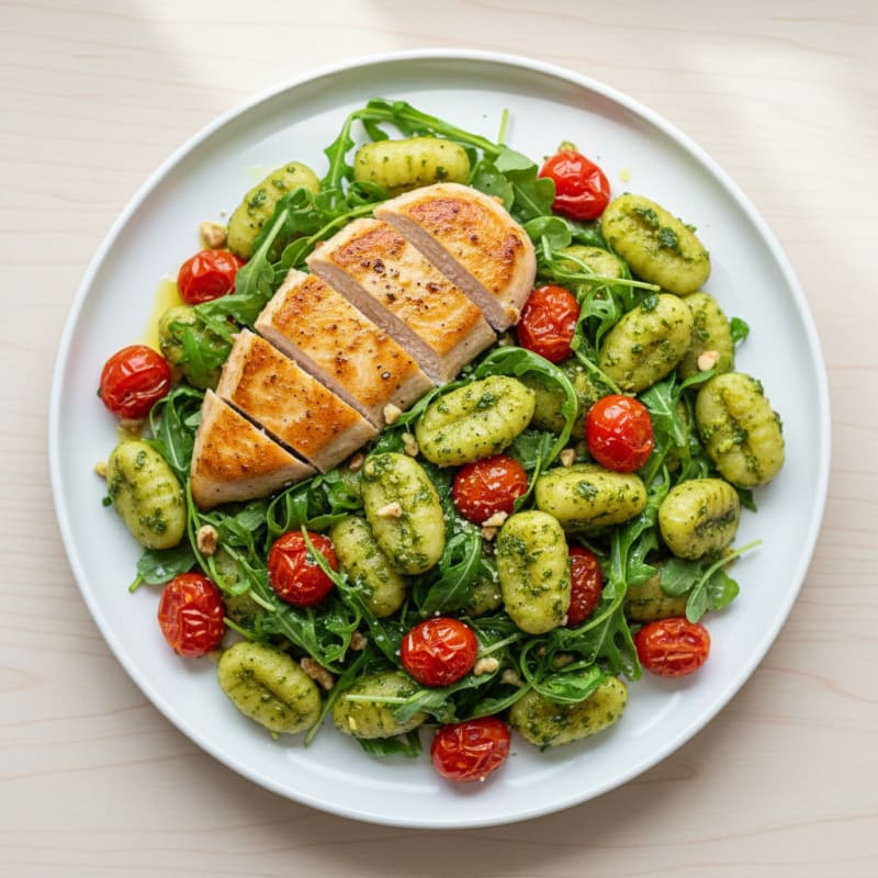 Gnocchi with Arugula Pesto and Cherry Tomatoes