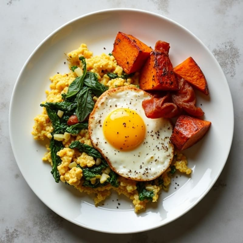 Egg White and Spinach Scramble with Roasted Sweet Potatoes