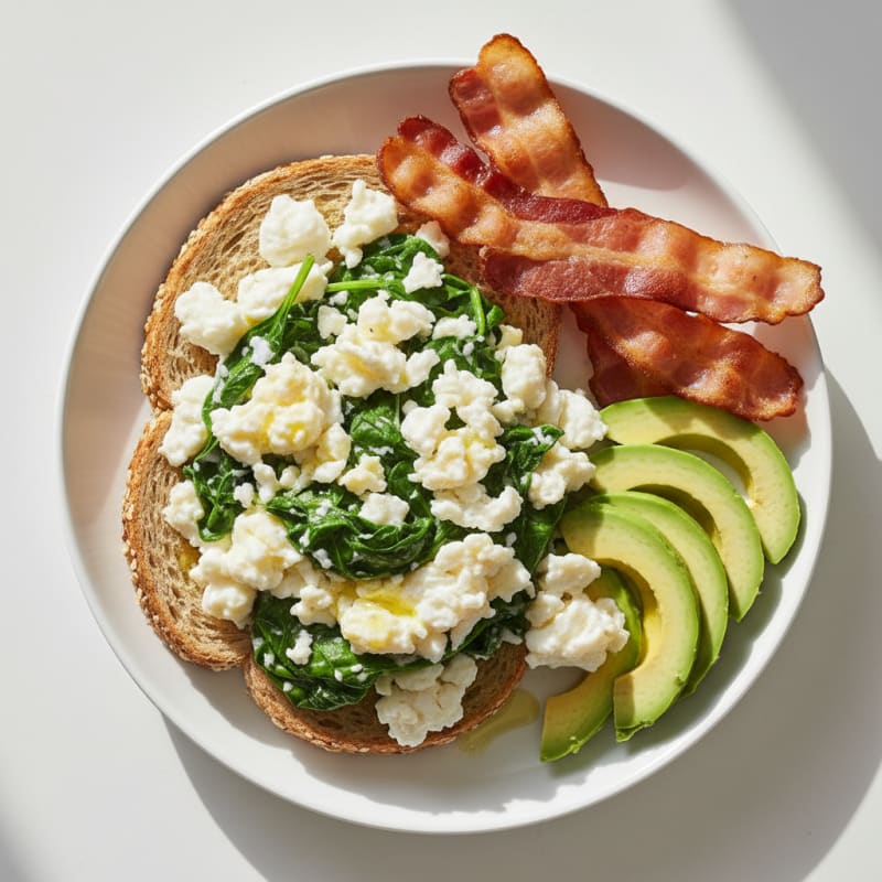 Crispy Turkey Bacon and Egg White Scramble with Sautéed Spinach