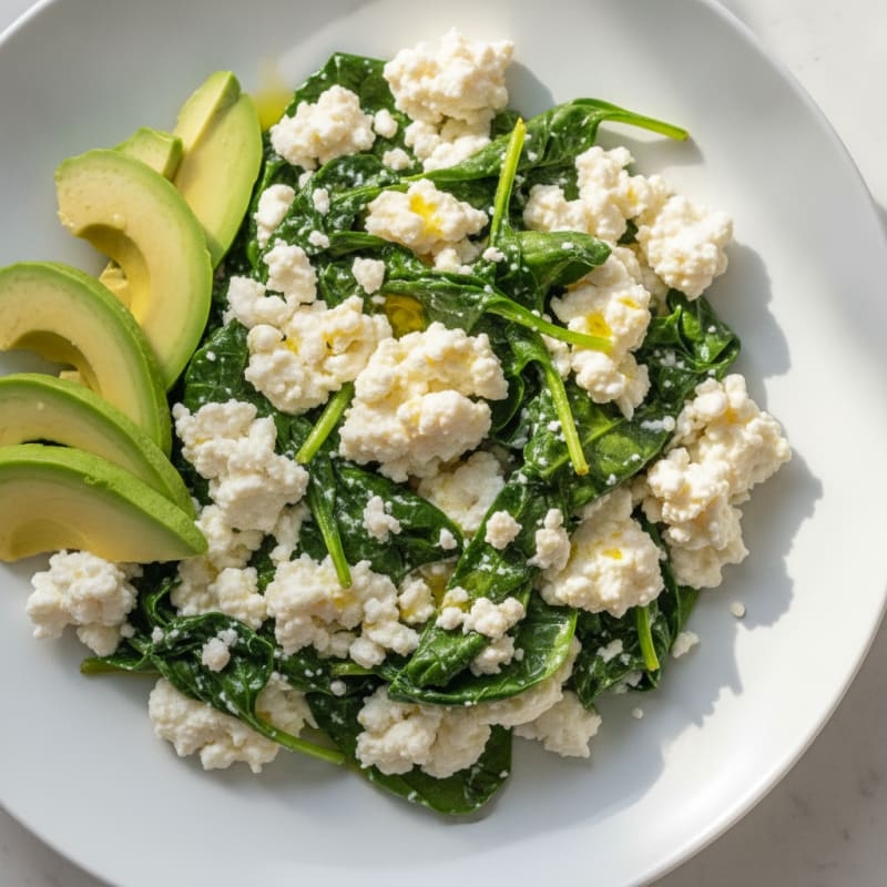 Scrambled Egg Whites with Cottage Cheese and Sautéed Spinach
