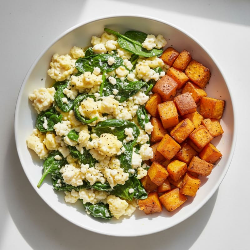 Cottage Cheese Scramble with Sautéed Spinach and Roasted Sweet Potatoes