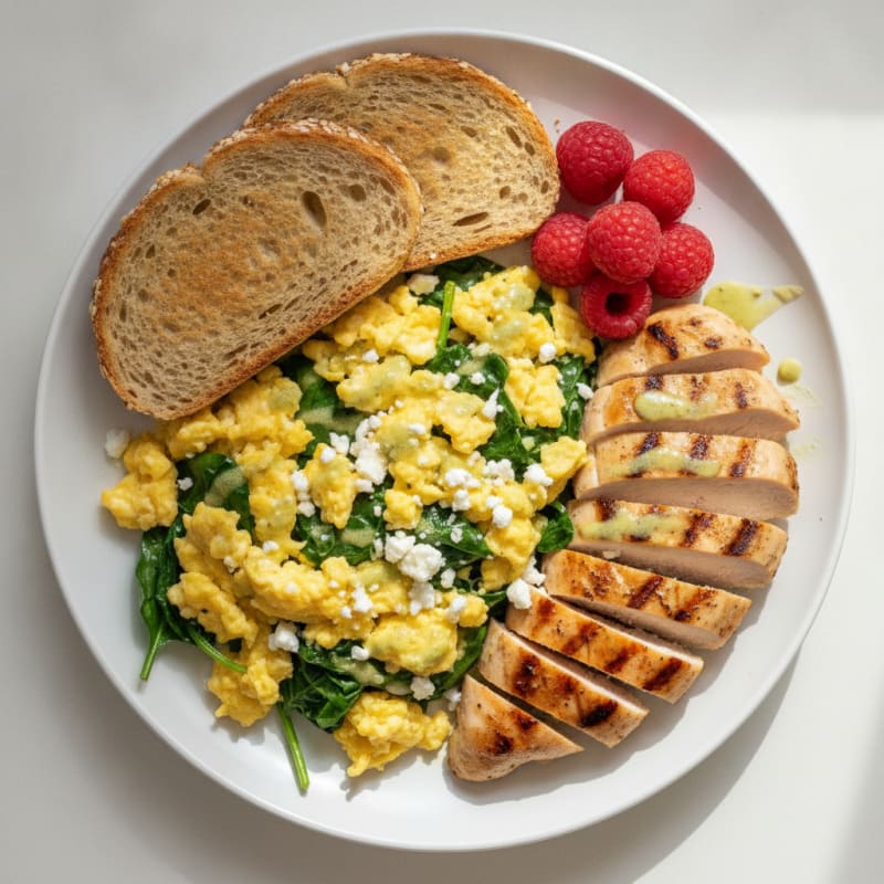 Cheesy Scrambled Eggs with Sautéed Spinach and Grilled Chicken