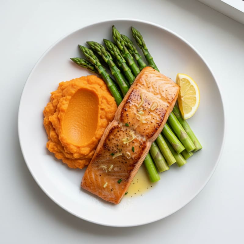 Seared Salmon Fillet with Steamed Asparagus and Sweet Potato Mash
