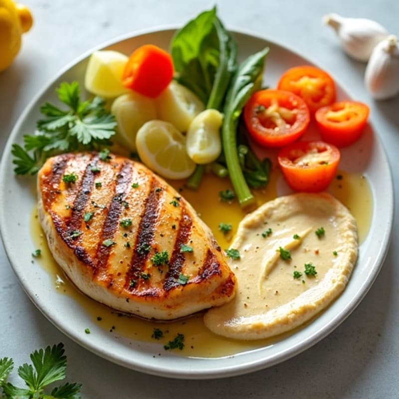 Creamy Hummus with Lemon Herb Grilled Chicken and Fresh Crisp Vegetables