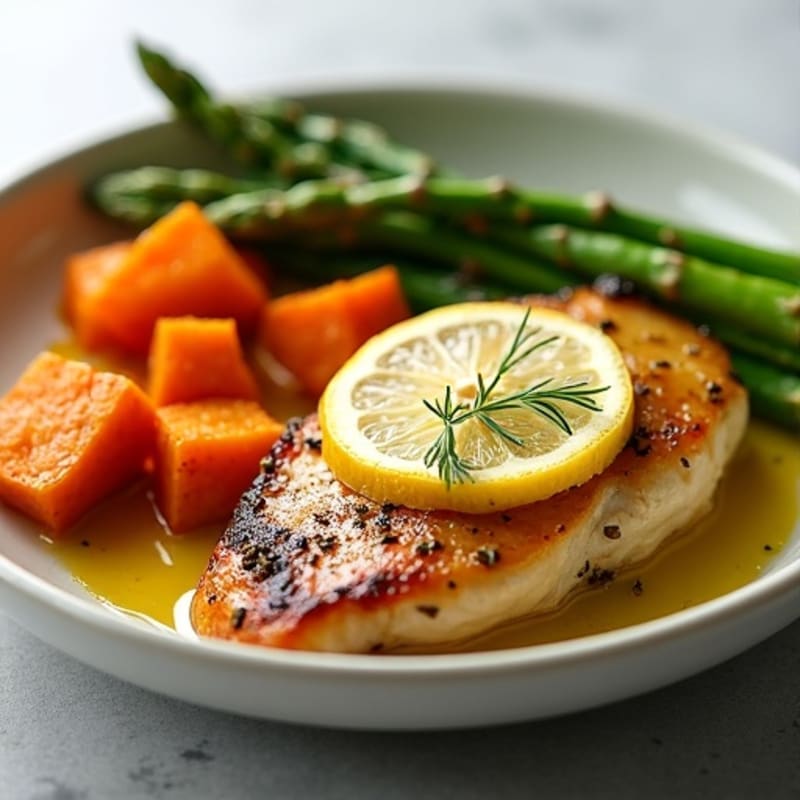 Lemon Garlic Pan-Seared Chicken Breast with Roasted Asparagus and Sweet Potatoes
