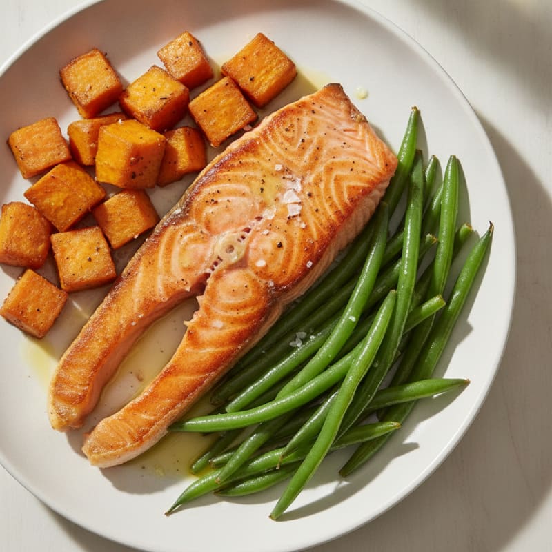 Seared Salmon with Roasted Sweet Potato and Green Beans